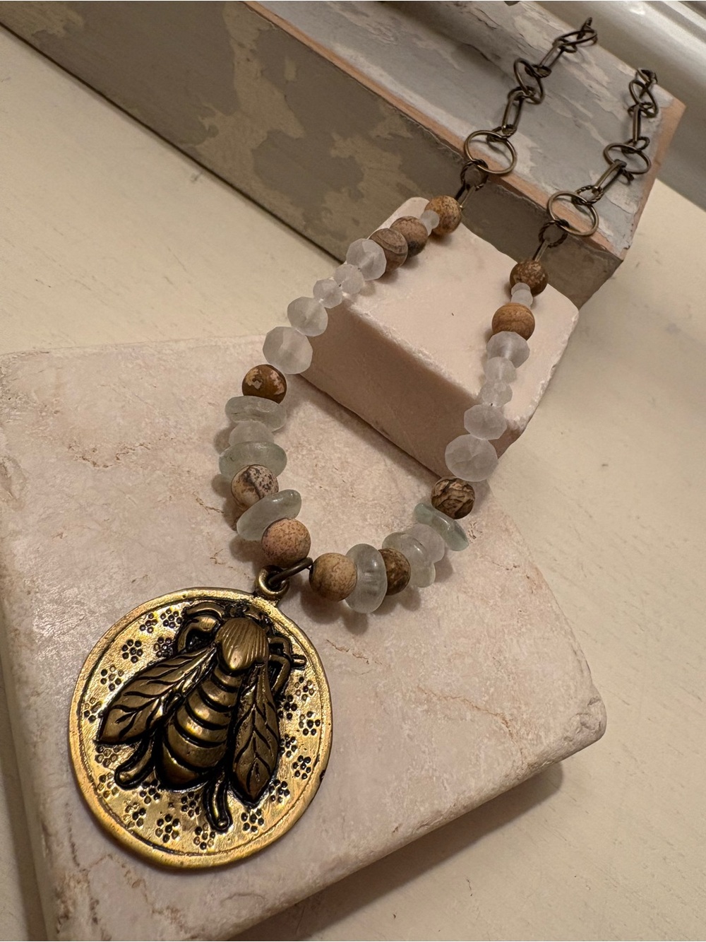 The Bee Keeper Medallion Necklace with Natural Jasper & Recycled Glass 28”